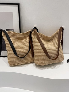 Summer Casual Straw Woven Tote Bag For Women With PU Leather Strap Large Capacity Shoulder Crossbody Bag Vacation Beach Bag