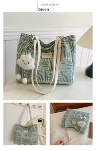 Three-way display of green canvas tote with geometric lines and plush cloud charm