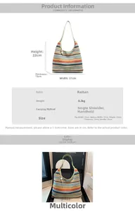 Detailed size chart for straw tote bag showing dimensions 31x22x10cm and woven fabric
