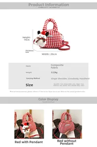 Detail view of red plaid knit handbag with plush puppy charm and dimensions info