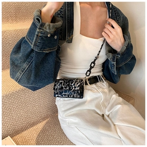 Detail of leopard print crossbody bag with silver buckle and black chain strap