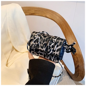 Close-up of leopard print mini crossbody bag with silver buckles and chain strap