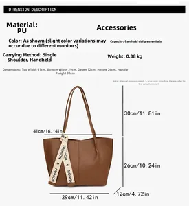 Detaillierte Maße der braunen PU-Leder Tragetasche mit FASHION-Band und Gurtlängen