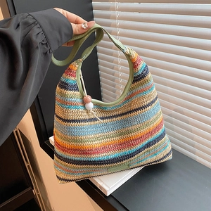 Women's Striped Straw Woven Tote Bag Large Capacity Bohemian Vacation Shoulder Bag Contrast Color Fashion Beach Handbag