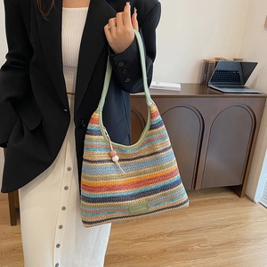 Bohemian colorful striped woven tote bag with green leather straps for women