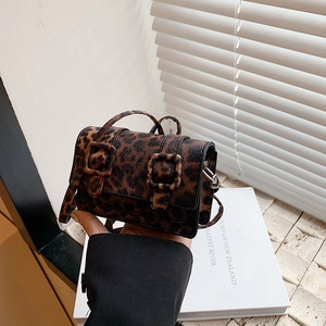 Retro leopard print mini crossbody bag with square buckles and elegant top handle