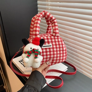 Sac à Épaule en Peluche à Carreaux Rouges et Blancs pour Femmes Avec Pendentif Bonhomme de Neige de Noël Sac Bandoulière Mignon Style Coréen Mode Hiver