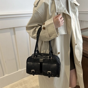 Retro black large capacity faux leather tote bag with double front pockets and gold logo