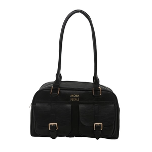 Retro black faux leather shoulder bag with large capacity and golden buckle pockets