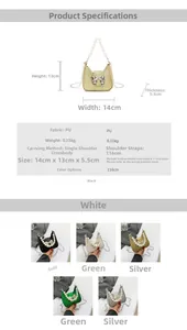 Detailed size chart and multi-color options for bow accent pearl chain crossbody bag