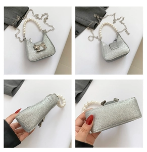 Detail view of silver sequin mini bag with pearl handle and bow clasp from four angles