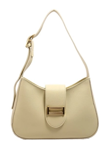 Minimalist cream hobo bag with gold buckle and adjustable strap on white background