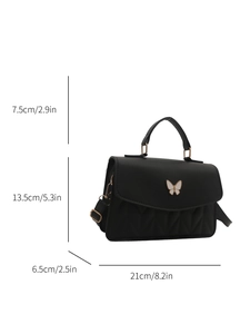 Black PU leather handbag with butterfly decor and detailed product dimensions 21x13.5cm