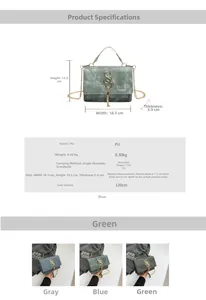 Detailed sizing and specifications chart for the stylish chain crossbody bag in three colors