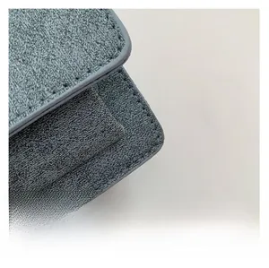 Macro shot of light blue crossbody bag with premium pebbled texture and neat stitching