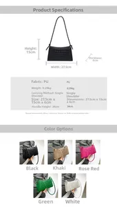 Detailed size chart and multi-color options for crocodile pattern baguette shoulder bag