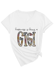Detail of white V-neck T-shirt with GIGI floral slogan and side knot design