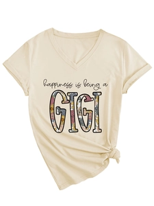 Detail of V-neck T-shirt with GIGI floral lettering and stylish front knot hem design