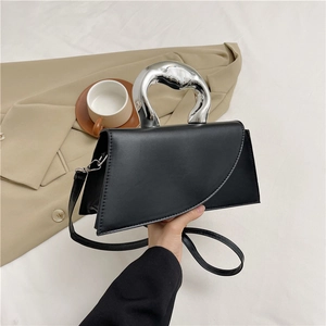 Women Fashion PU Leather Handbag With Silver Liquid Metal Handle Asymmetric Flap Shoulder Crossbody Square Underarm Bag