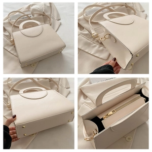 Detailed four-way view of a cream leather crossbody bag showing texture and golden feet