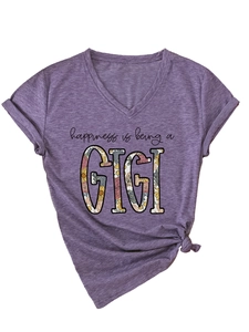 Detail of V-neck purple heather T-shirt with floral GIGI print and front knot design