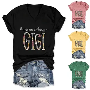 Happiness Is Being A GIGI Women V-Neck T-Shirt Cotton Blend Floral Letter Print Casual Short Sleeve Knotted Hem Summer Top