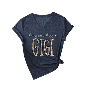 Navy V-neck short sleeve T-shirt with GIGI floral print and side knot detail
