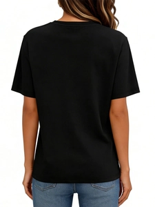 Back view of a classic black short sleeve milk silk T-shirt with high-quality stitching