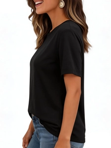Detailed side view of classic black crew neck T-shirt showcasing fabric texture and fit