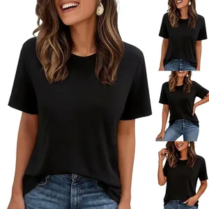 Women Short Sleeve T-Shirt Round Neck Solid Color Milk Satin Casual Summer Soft Breathable Regular Fit Basic Top