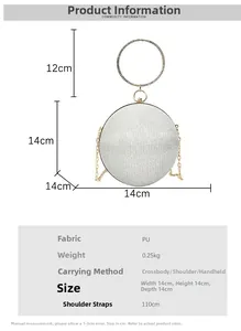 Size chart showing 14cm spherical rhinestone evening bag with 110cm chain strap