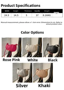 Size guide for PU crescent bag showing dimensions and colors like pink white and black