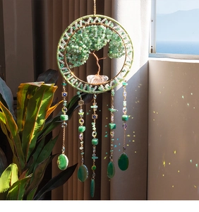Detailed tree of life suncatcher with green crystal stones and hanging agate pendants