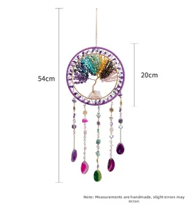 Detail of life tree suncatcher with 20cm ring and colorful agate slices measuring 54cm long