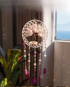 Detail of Tree of Life suncatcher with pink crystals and purple agate slices
