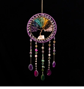 Detailed handmade Tree of Life suncatcher with amethyst wire and colorful healing crystals