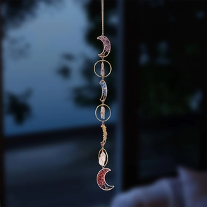 Moon sun catcher with natural crystal chakra stones and handmade wire wrapped metal rings