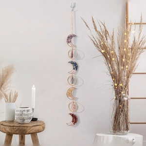 Bohemian moon phase suncatcher with natural crystals and amethyst wall hanging decor
