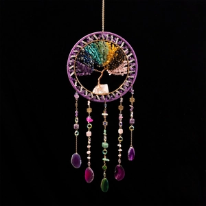 Large Tree of Life crystal suncatcher dreamcatcher with colorful stones and agate slices