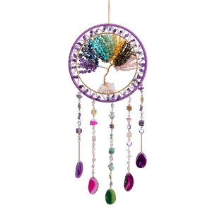 Large suncatcher dream catcher with Tree of Life crystal stones and agate slice pendants