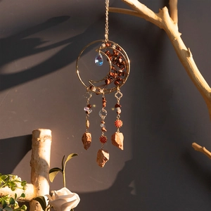 Moon-shaped dream catcher with natural agate crystal tree of life and water drop pendant