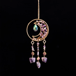 Agate crystal tree of life dream catcher wind chime with purple stones and gold moon