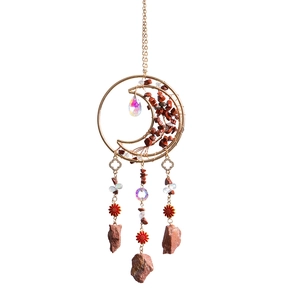 Moon-shaped dream catcher with red agate stones and tree of life hanging decoration