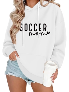 Detail of white soccer mom hoodie with black heart lettering and ribbed sleeve cuffs