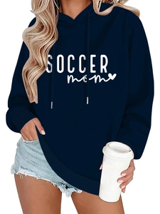 Detail of Soccer Mom lettering and heart print on navy blue casual drawstring hoodie