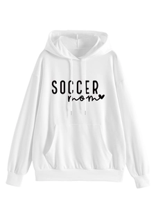 Close-up of white hoodie featuring SOCCER MOM print and front kangaroo pocket