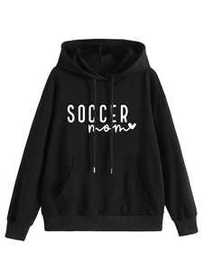 Close-up of Soccer Mom text and heart print on black cotton drawstring hoodie