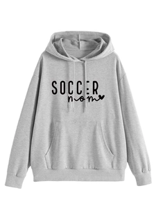 Detail of grey Soccer Mom hoodie featuring heart print and functional kangaroo pocket
