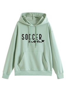 Detail of mint green Soccer Mom hoodie showing ribbed cuffs and kangaroo pocket texture