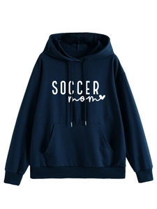 Close-up of Soccer Mom heart print on dark blue hoodie with a kangaroo pocket